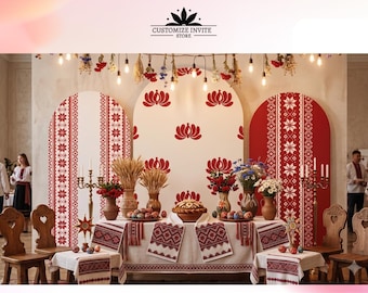 May include: Three arched backdrops with red and white folk patterns, featuring a central table covered in a matching embroidered cloth. The display includes wheat sheaves, floral arrangements, and painted eggs, with wooden chairs placed in front.