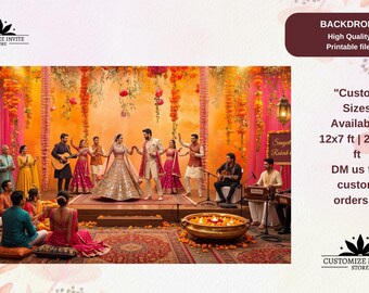 May include: A digital backdrop featuring a vibrant Indian wedding celebration scene with a couple dancing on a stage, surrounded by guests, musicians, floral decorations, and warm lighting. Text includes Custom Sizes Available 12x7 ft | 24x14 ft.