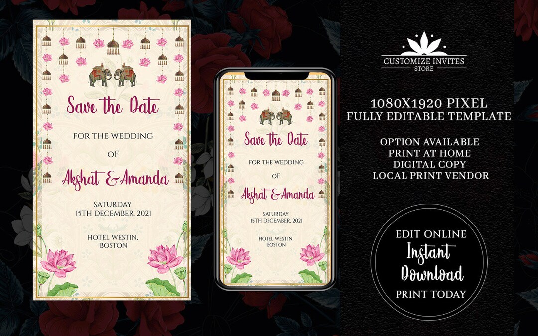 Indian Wedding SAVE THE DATE Invitation Card Template,floral Wedding ...