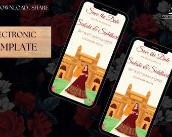 May include: A digital save the date card with a gold and white background. The card features a couple in traditional Indian clothing standing in front of a building. The text on the card reads "Save the Date for the wedding of Sakshi & Siddhart 26th & 27th January 2022 Lucknow, India".