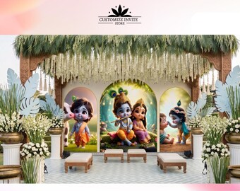May include: A decorative stage with cartoon illustrations of Krishna and Radha, featuring floral arrangements and hanging decorations. The stage includes small wooden benches and is set outdoors.