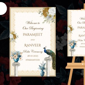 Welcome signages for Our Beginning Signs, Hindu Wedding Welcome Signage, Beautiful card with peacock and border background welcome signage