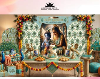 May include: A baby shower backdrop featuring a central image of a woman and a child, flanked by peacock-patterned panels, marigold garlands, and gold peacock statues. A table holds a three-tier cake, sweets, and gifts labeled 'Gifts'.