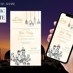 Op de afbeelding: Een digitale uitnodiging voor een Iftar-feest. De uitnodiging bevat een handgetekende illustratie van een familie die rond een tafel met eten zit. De tekst luidt: "U bent uitgenodigd voor het Iftar-feest van Zakki en Mutaiba, zondag 20 april 2023, in het huis van Mutaiba, 123 House No. 51, Hyderabad. RSVP: Mutaiba 9876542321, Zakki 2345678901."