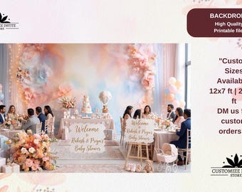 May include: A digital backdrop for a baby shower featuring a soft pastel watercolor wash in shades of peach, blue, and cream. The text reads: Welcome to Rakesh & Priya's Baby Shower. Custom sizes available include 12x7 ft and 24x14 ft for high quality printing.