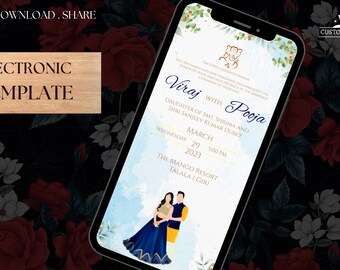 May include: A digital wedding invitation template with a blue and white watercolor background. The invitation features a floral design and a couple in traditional Indian attire. The text reads "Viraj with Pooja" and includes the date and time of the wedding. The invitation also includes the name of the venue, "The Mango Resort, Talala (Gir)".