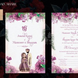 floral Punjabi cute caricature wedding printable  invite, Anand karaj invite, Sikh wedding invite, Sikh Wedding invite as printable invite.