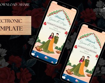 May include: A digital invitation for a Mehendi ceremony, featuring a couple in traditional Indian attire standing in front of a floral archway. The text reads "Mehendi Gourav & Priya" and "Saturday 3rd June 2023 7:00 PM" with the venue listed as "Ridhora, India".