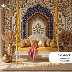 May include: A decorative backdrop featuring a white swing with yellow cushions and a pink throw. The backdrop has a floral design with a blue and brown archway. The image includes text that says "BACKDROP High Quality Printable files."
