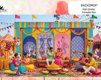 May include: A vibrant carnival-themed backdrop featuring colorful panels with flamingo, peacock, and tree illustrations. The scene includes a central seating area, decorative masks, hanging pennants, and string lights, with text reading CUSTOMIZE INVITE STORE, High Quality, Printable files.