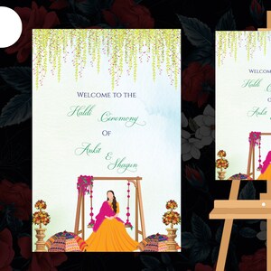 May include: A welcome sign for a Haldi ceremony, featuring a woman in a yellow and pink outfit sitting on a swing. The sign is decorated with floral patterns and the text "Welcome to the Haldi Ceremony of Ankit & Shagun".
