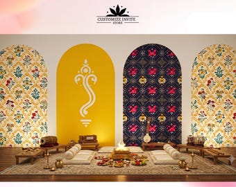 May include: A ceremonial setup featuring four arched backdrops with floral and solid yellow patterns, a central fire pit, floor cushions, and musical instruments. The text CUSTOMIZE INVITE STORE is displayed at the top center of the composition.