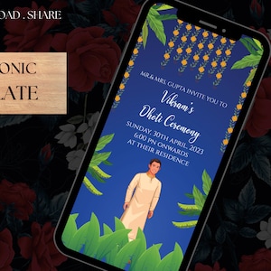 May include: A blue and green digital invitation for a Dhoti Ceremony. The invitation features a man in traditional Indian clothing and text that reads "MR&MRS. GUPTA INVITE YOU TO Vikram's Dhoti Ceremony SUNDAY, 30TH APRIL, 2023 6:00 PM ONWARDS AT THEIR RESIDENCE".