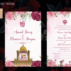 Maroon floral background with beautiful gurudwara invite as Punjabi wedding printable invite, Sikh Anand karaj invite, Sikh Printble invite
