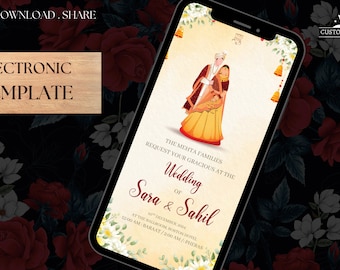 May include: A digital wedding invitation template with a floral border. The invitation features a couple in traditional Indian attire, with the text "The Mehta Families Request Your Gracious at the Wedding of Sara & Sahil 30th December 2024 at the Ballroom Boston Hotel 12:00 AM: Baraat / 2:00 AM: Pheras".