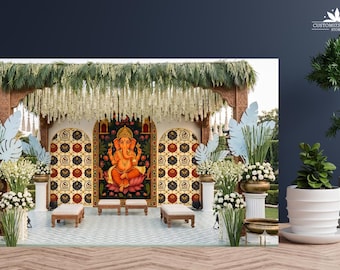 May include: A decorative stage setup featuring a vibrant orange and gold deity painting as a focal point. The stage is adorned with white flowers, greenery, and decorative elements. The text "CUSTOMIZE INVITE STORE" is visible.