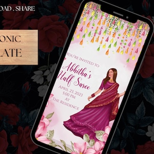 May include: A digital invitation for a half saree ceremony. The invitation features a pink background with floral decorations and a woman in a pink and gold saree. The text reads "You're invited to Abhitha's Half Saree April 23, 2023 5:00 PM at The Residence."