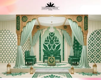 May include: A stage setup featuring a gold-toned archway with green curtains, four green chairs, and a central green stool. The backdrop displays floral patterns and geometric tile designs in shades of green and white, with lanterns on the floor.