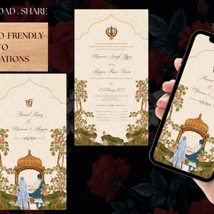 Curved shape, lotus green and golden background beautiful couple invite as Punjabi Sikh Anand karaj easy editable, printable whatsapp invite