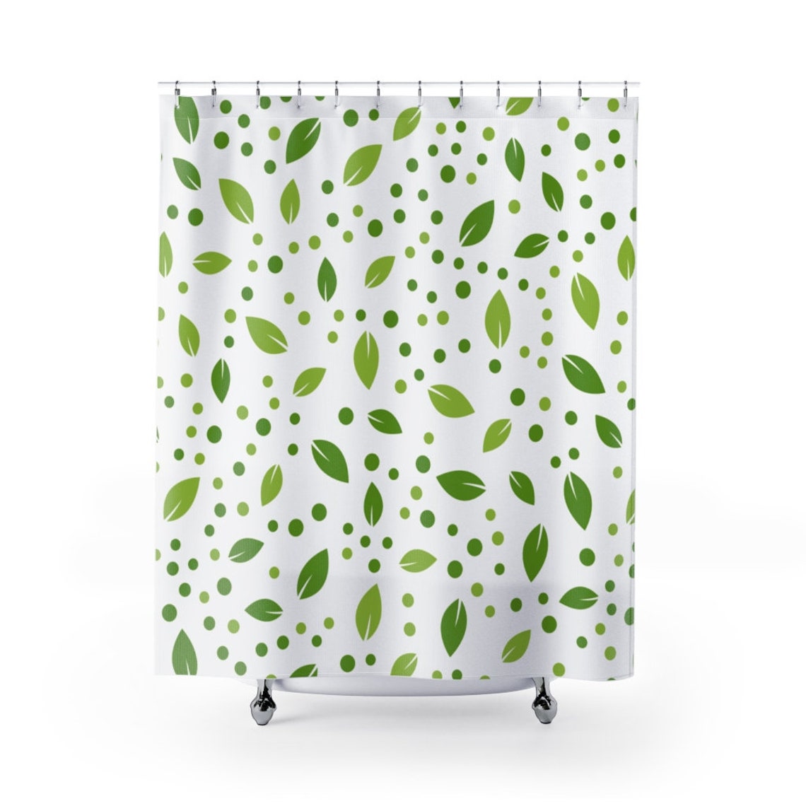 Green Leaves Shower Curtain Green Leaves and Dots Pattern Etsy