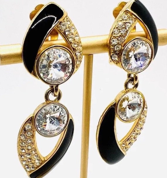 Vintage bijou Black and gold dangle earrings gift - image 4