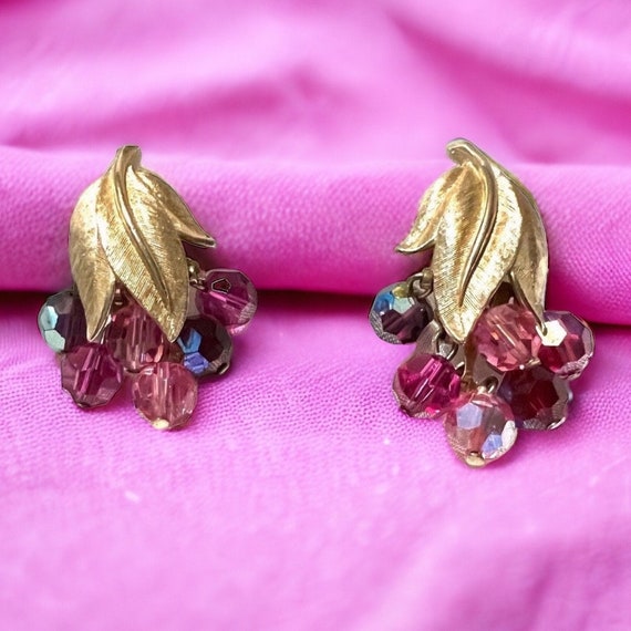 Vintage Gold crystal Earrings pink earrings purpl… - image 4