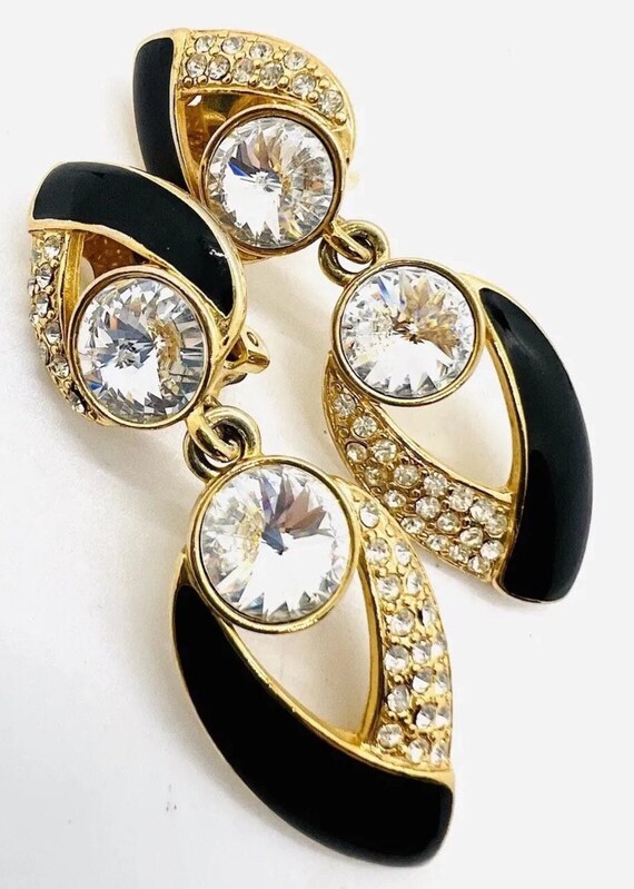 Vintage bijou Black and gold dangle earrings gift - image 1