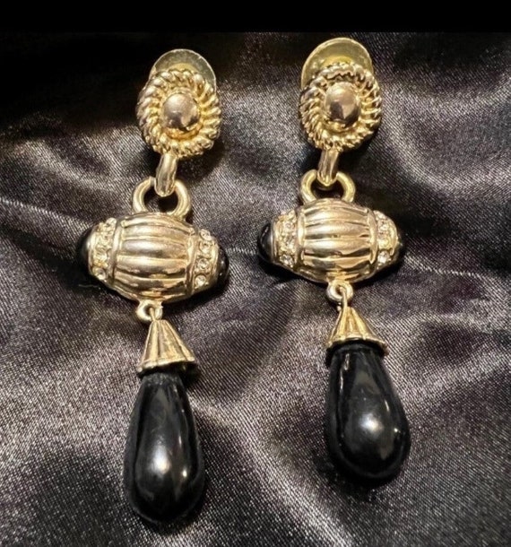 Vintage Cabochon Earrings Black earrings Gold dan… - image 5