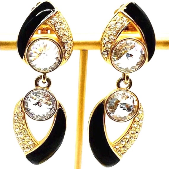 Vintage bijou Black and gold dangle earrings gift - image 6