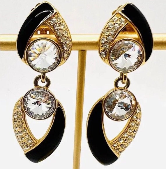 Vintage bijou Black and gold dangle earrings gift - image 2