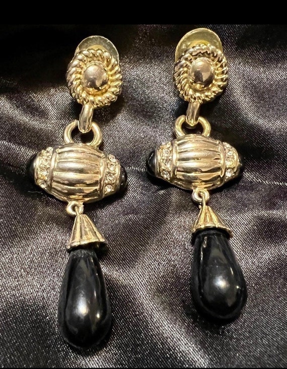 Vintage Cabochon Earrings Black earrings Gold dan… - image 6