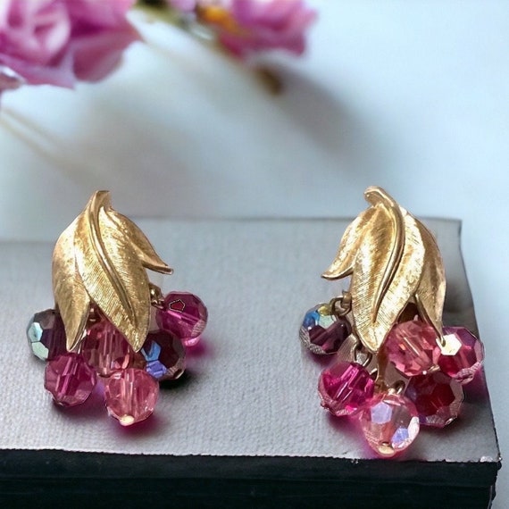 Vintage Gold crystal Earrings pink earrings purpl… - image 2