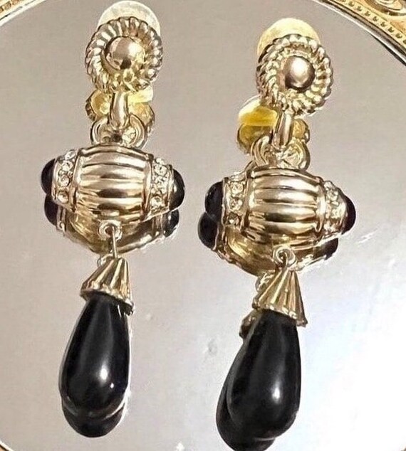 Vintage Cabochon Earrings Black earrings Gold dan… - image 2