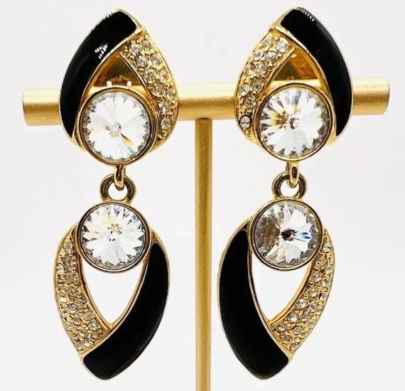 Vintage bijou Black and gold dangle earrings gift - image 3