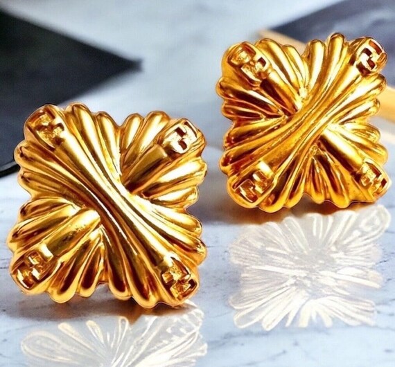 Designer gold Earrings gold Gifts pierced vintage… - image 4