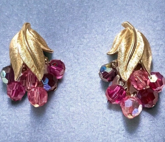 Vintage Gold crystal Earrings pink earrings purpl… - image 1