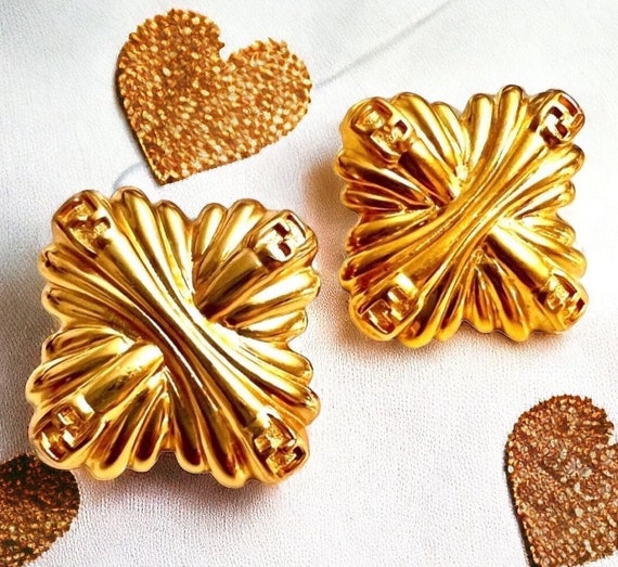 Designer gold Earrings gold Gifts pierced vintage… - image 2