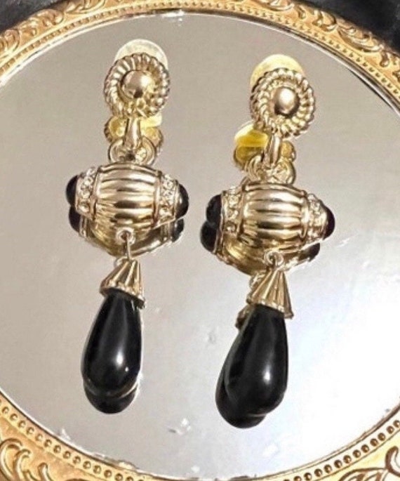 Vintage Cabochon Earrings Black earrings Gold dan… - image 3