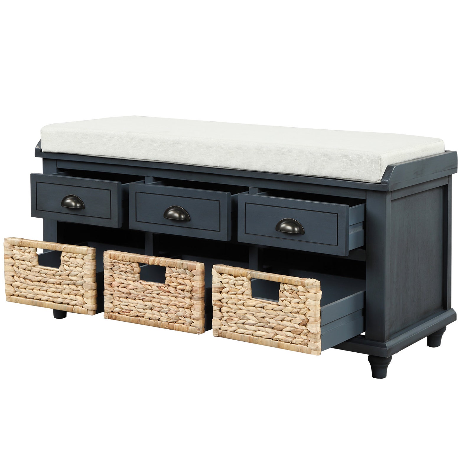Rustic Storage Bench With 3 Drawers And 3 Rattan Baskets Etsy
