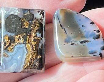 Cabochons vintage en agate plume du Texas : noir et or, fabrication de bijoux (2 pièces)