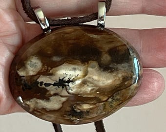 Large Dendritic Agate Cabochon on 22” leather necklace!  Vintage, from a very old collection!