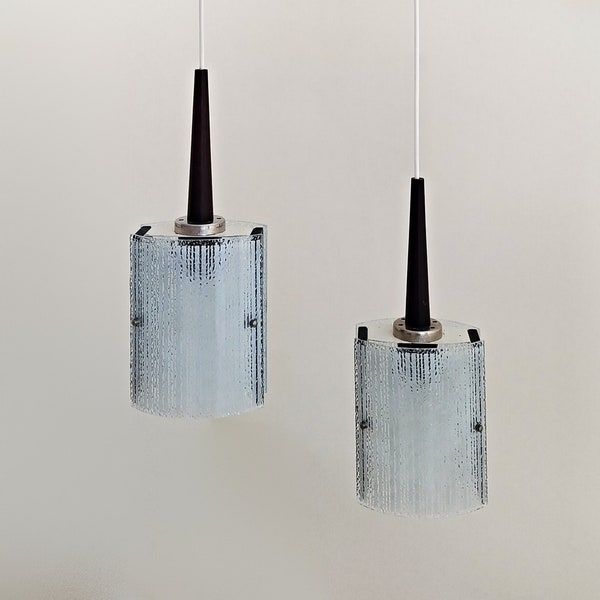 Vintage Pair of Glass and Teak Pendant Lights by Zico Leuchte, DDR, 1960s/1970s, Labeled