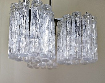 Vintage RARE 3-Arm Textured Glass Tube Chandelier, Bulgaria, 1970s, LABELED