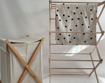 Wood Laundry Drying Rack & Basket Set: Foldable Clothes Storage