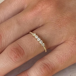Dainty Diamond Stackable Ring, 5 Diamond Bezel Set Ring, Solid Gold Wedding Band, Lab Grown Diamond Ring, Minimalist Gold Ring