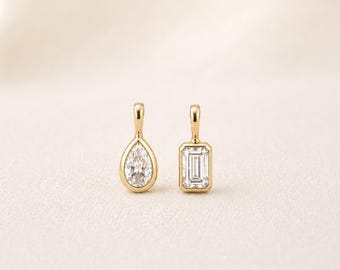 Mini Bezel Set Diamond Charm Pendant, Pear Shape or Emerald Cut Lab Diamond, Dainty Solid Gold Charm, 14K 10K Gold, Layering Necklace