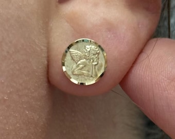 Aretes de ángel con moneda de oro de 10 quilates o 14 quilates • Joyería religiosa con corte de diamante