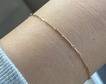 Dainty Solid Gold Bar Link Station Bracelet – 14K Thin Unique Chain Bracelet, Minimalist Gold Bracelet, Fine Stackable Everyday Jewelry