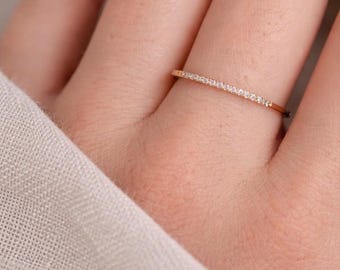 Dainty Natural Diamond Stackable Ring, Thin Solid Gold Band, Half Eternity Wedding Ring, Minimal Diamond Ring, Everyday Stacking Ring