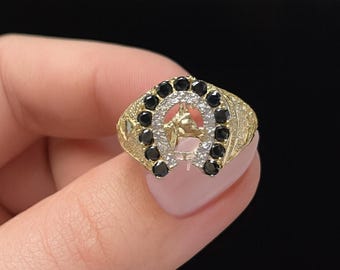 Men's 10k Yellow Gold Lucky Horseshoe Ring With Black Onyx - Handcrafted In USA, Good Luck Jewelry